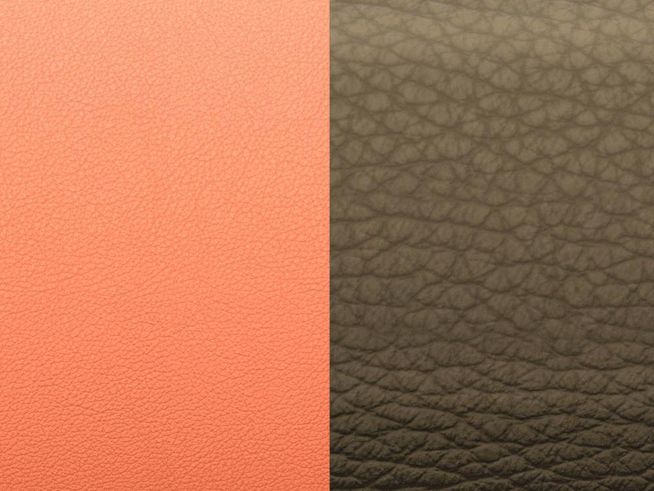 26001594-0 Lederarmreif-Einlagen in dunklem Blush Rosa-Lachs und Bronze zeigen zwei verschiedene Ledertypen mit einer strukturierten Oberfläche, geeignet für Les Georgettes 14 mm Armreifen.