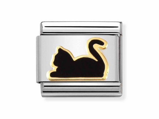 Edelstahlarmband mit einem charmanten Motiv einer schwarzen Katze, umrandet von einer goldenen Linie, emailliert und für Nomination-Kreationen geeignet.