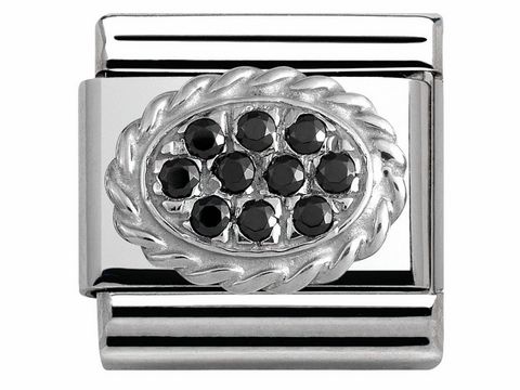 Silbernes Nomination Classic Pave Element aus Edelstahl mit schwarzem ovalen Zirkonia-Motiv, umrandet von einer geflochtenen Silberkante.