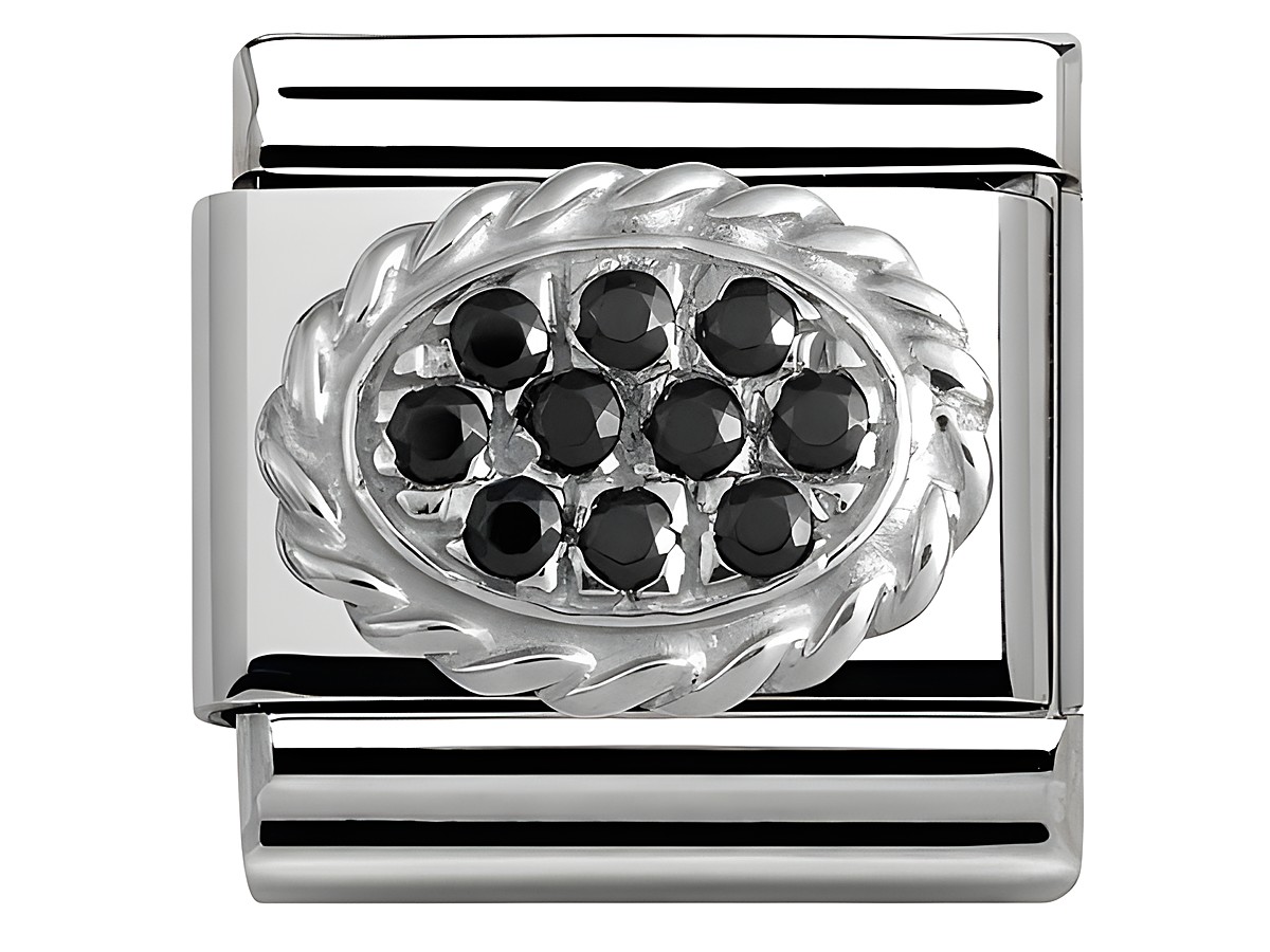 Silbernes Nomination Classic Pave Element aus Edelstahl mit schwarzem ovalen Zirkonia-Motiv, umrandet von einer geflochtenen Silberkante.