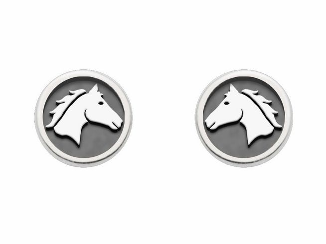 DUR Ohrring Pferdeglück mit Pferdekopf aus rhodiniertem Sterling Silber, rundes Design mit grauem Hintergrund und filigraner Pferdedarstellung, ideale Ergänzung für Pferdefreunde.