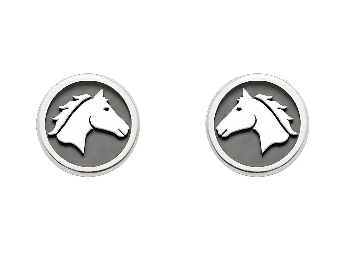 DUR Ohrring Pferdeglück mit Pferdekopf aus rhodiniertem Sterling Silber, rundes Design mit grauem Hintergrund und filigraner Pferdedarstellung, ideale Ergänzung für Pferdefreunde.