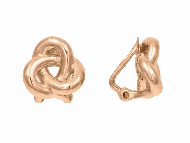 Ohrclip aus Sterling Silber, vergoldet in Roségold, mit einem eleganten Knoten-Design, polierte Oberfläche, hergestellt von Juwelier Harnisch. Diese Ohrclips bieten stilvolle Akzente zu jedem Outfit.