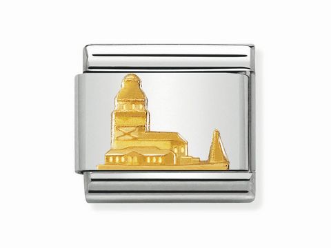 403016404-0 Eine elegante Metallplatte zeigt den Jungfrauenturm von Istanbul in prächtigem Golddesign, umrahmt von einer silbernen Fassung, ideal für Schmuckliebhaber und Sammler.