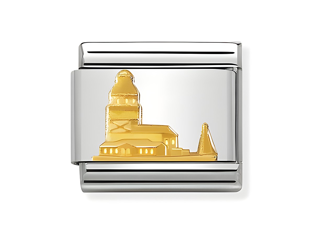 Eine elegante Metallplatte zeigt den Jungfrauenturm von Istanbul in prächtigem Golddesign, umrahmt von einer silbernen Fassung, ideal für Schmuckliebhaber und Sammler.