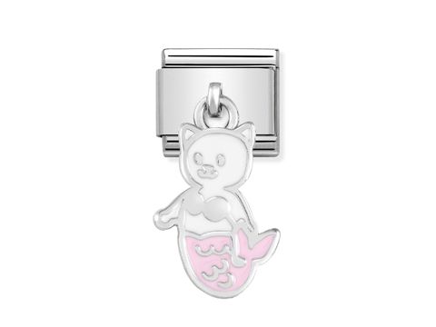 Charm von Nomination Classic SilverShine zeigt eine Katze als Meerjungfrau in Silber und Rosa, ideal für persönliche Schmuckkreationen.
