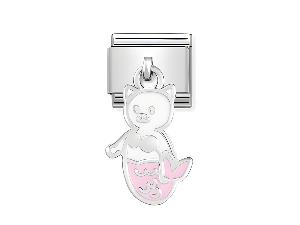 Charm von Nomination Classic SilverShine zeigt eine Katze als Meerjungfrau in Silber und Rosa, ideal für persönliche Schmuckkreationen.