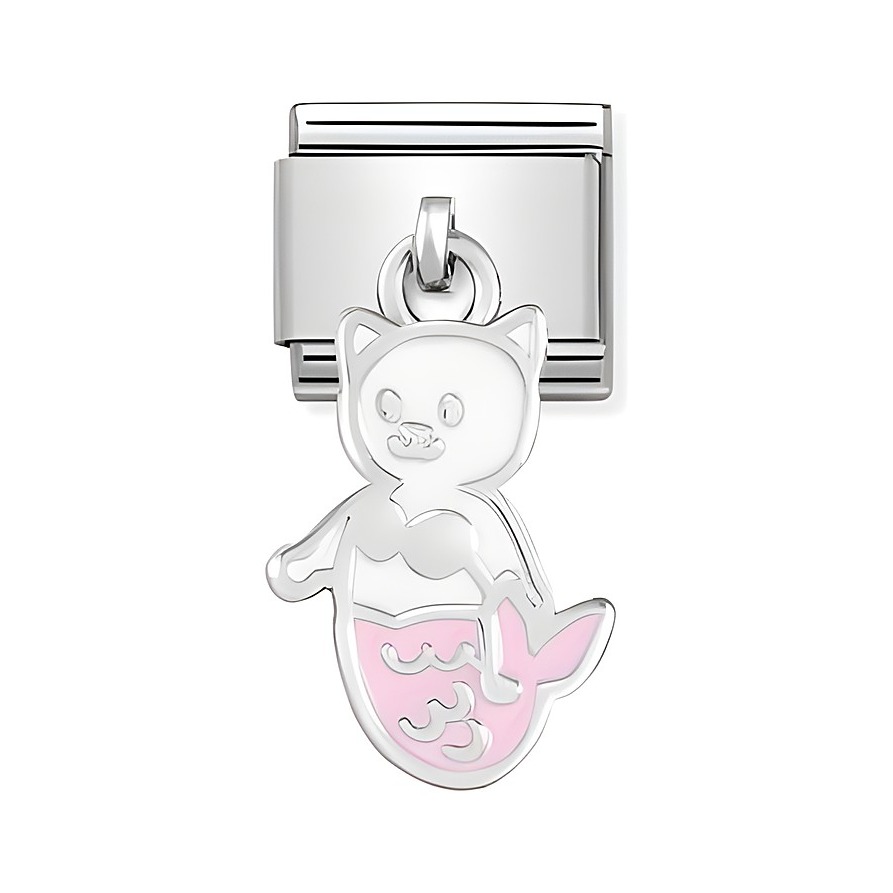 Charm von Nomination Classic SilverShine zeigt eine Katze als Meerjungfrau in Silber und Rosa, ideal für persönliche Schmuckkreationen.