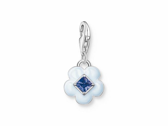 Thomas Sabo Charm-Anhänger aus Silber mit blauer Emaille und einem Glas-Keramik Stein in Form einer Blume, verziert mit einem funkelnsten, ideal für modische Akzente.
