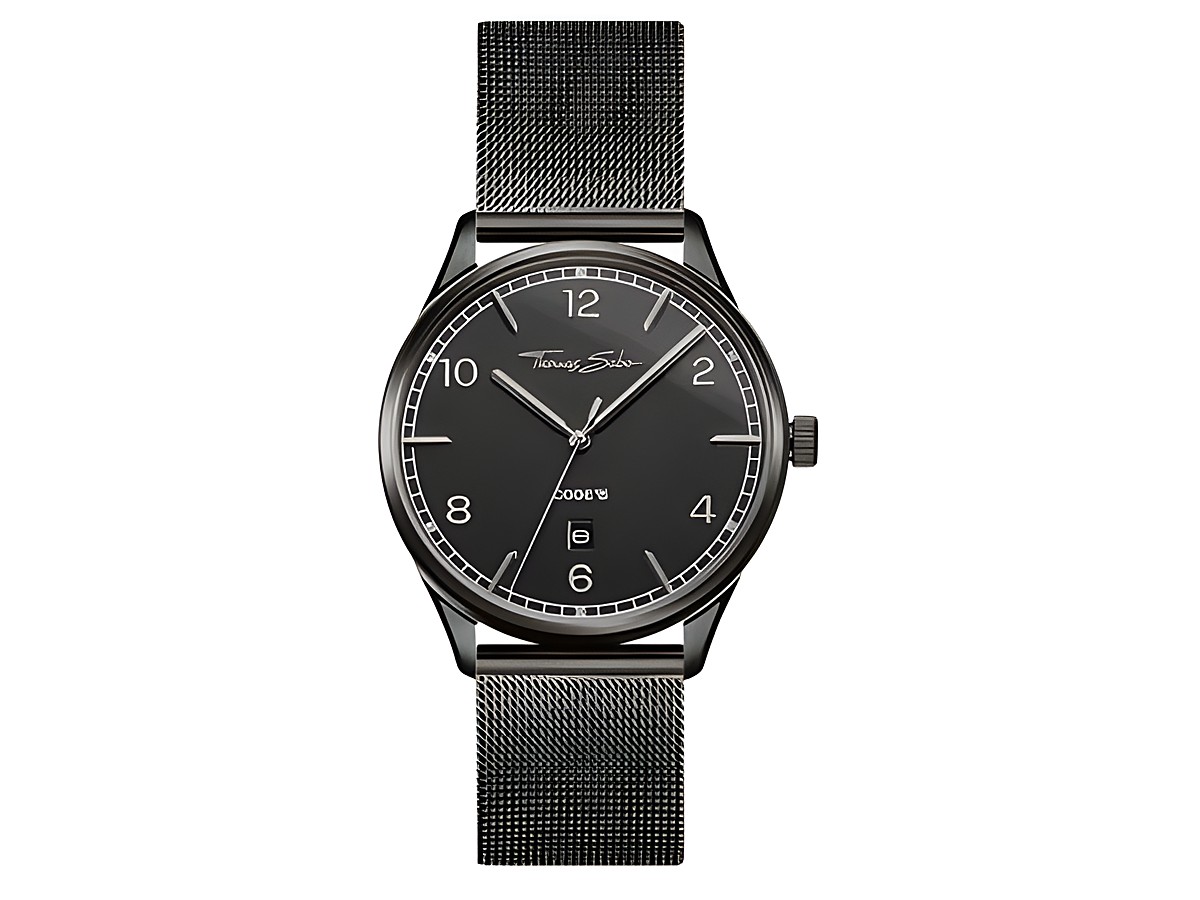 Elegante Thomas Sabo WA0342-202-203-40 mm Uhr mit schwarzem Zifferblatt und Mesh-Armband, ideal für Unisex-Stil und optimal für jeden Anlass.
