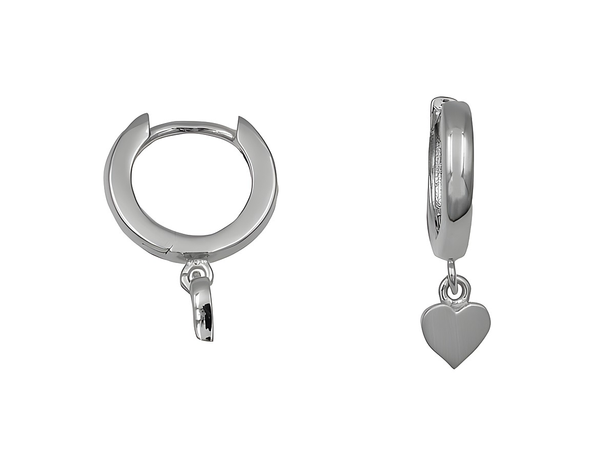 Creolen aus 1 cm Sterling Silber rhodiniert mit flachem Hänger in Herzform, Hersteller Juwelier Harnisch, Größe bis 15 mm. Ideal für eleganten Schmuck-Style.
