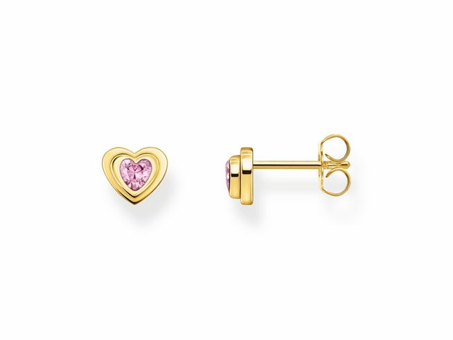 Ohrstecker in Herzform aus vergoldetem Silber mit pinkem Zirkonia. Hersteller ist Thomas Sabo. Elegantes und romantisches Schmuckstück. Ideal für jeden Anlass.