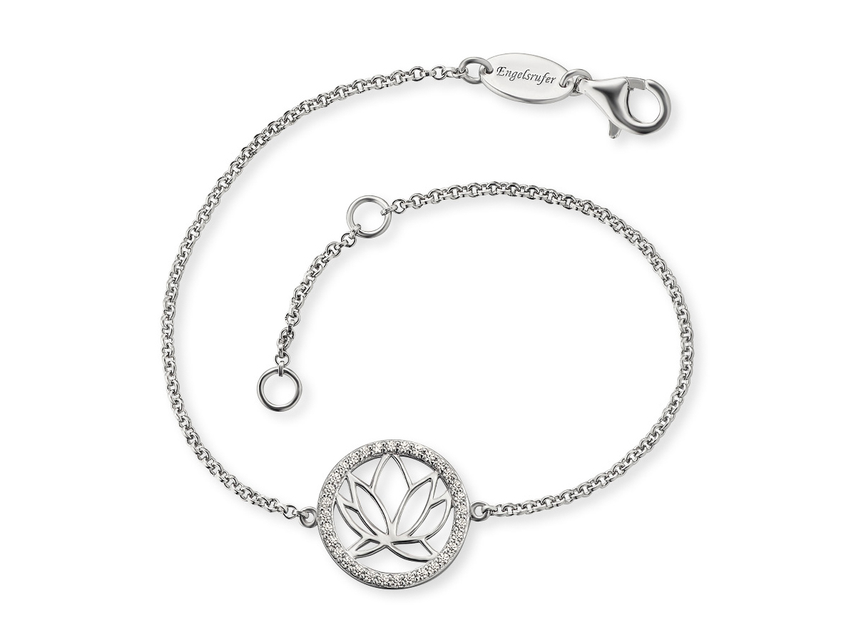 Engelsrufer ERB-LOTUS-ZI LOTUS Armband aus rhodiniertem Silber mit Zirkonia. Das schöne Armband misst 17 cm und hat einen eleganten Lotus-Anhänger.
