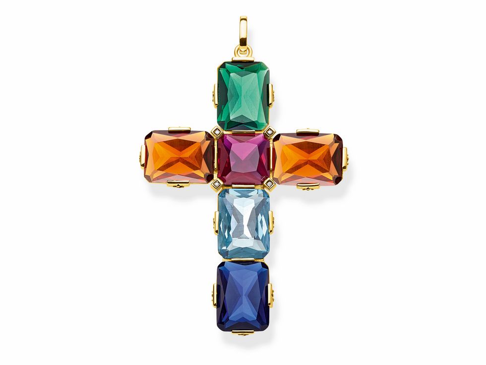 Anhänger in Kreuzform aus Sterling Silber, vergoldet in Gelbgold, besetzt mit synthetischem Spinell und Zirkonia in bunten Farben, Modell PE858-996-7 von Thomas Sabo.