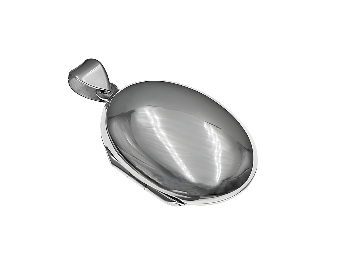 Oval Sterling Silber Medaillon mit einem Durchmesser von 34 mm, hergestellt von Juwelier Harnisch, glänzende Oberfläche und elegantes Design.