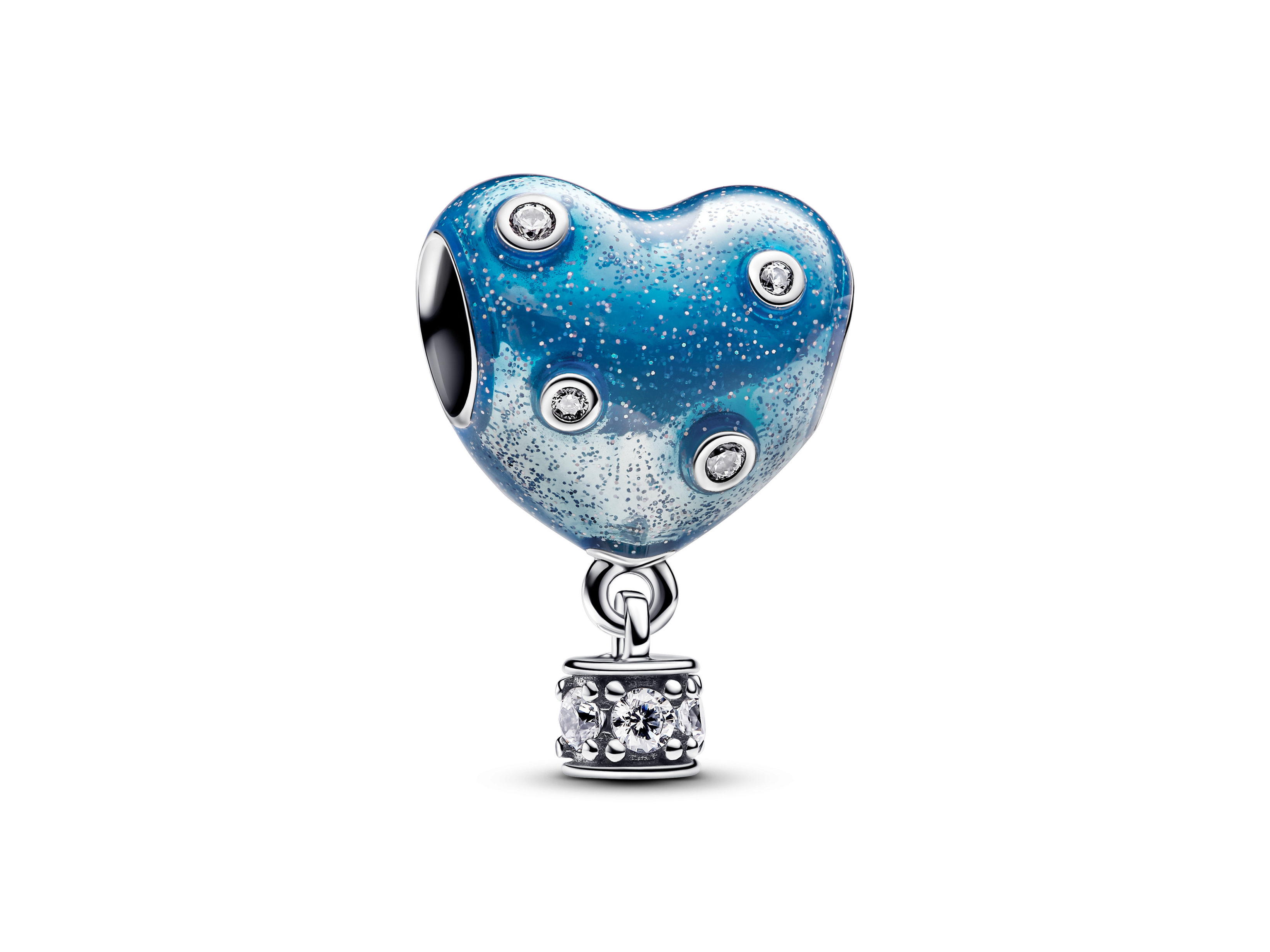 Pandora Charm 793595C01 in Herzform, inspirationsreich gestaltet als Heißluftballon, aus Silber mit klarem Zirkonia und schattiertem blauem Design, ideal für charmante Armbänder.