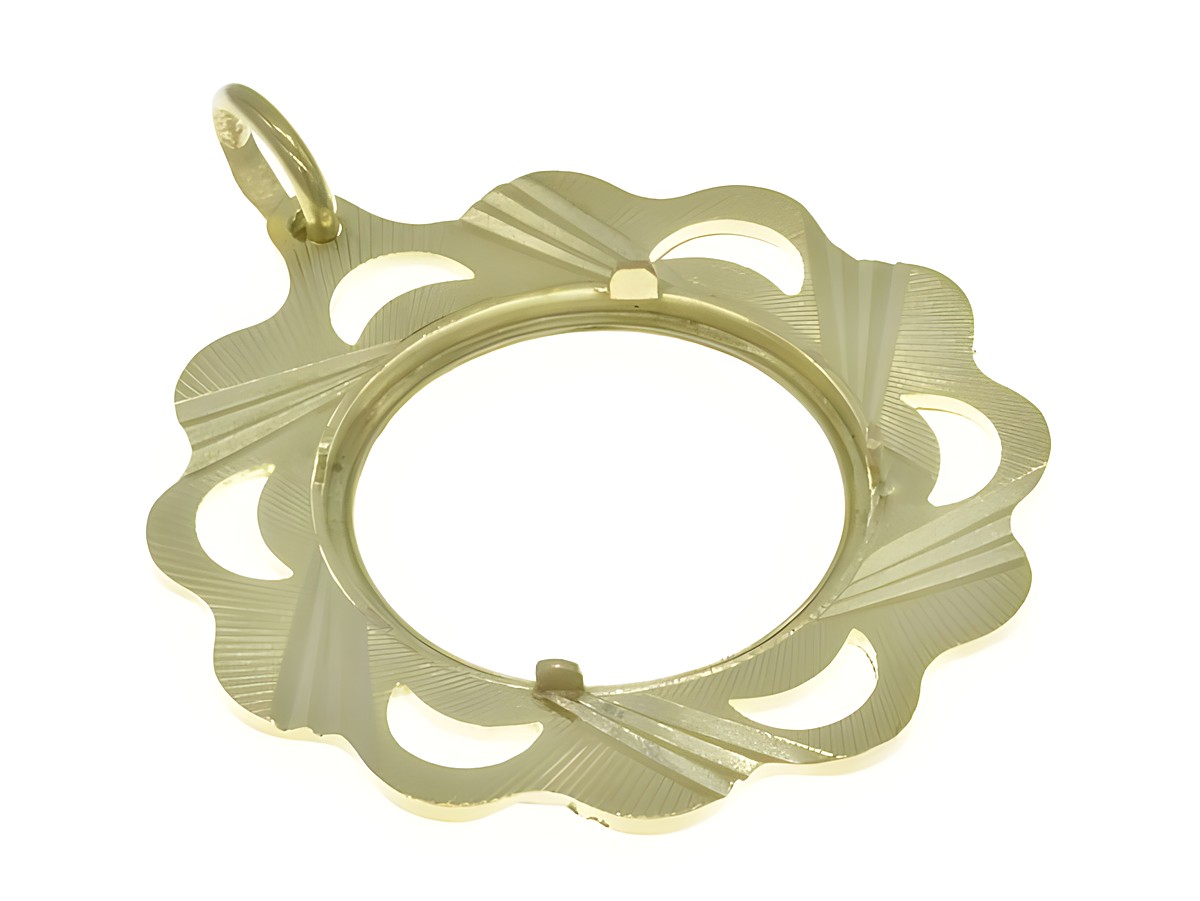 Münzfassung Anhänger mit Blumenrand und Diamantschliff aus 585 Gold, Durchmesser für Münzen bis 19,8 mm, hergestellt von Juwelier Harnisch, elegantes Design. – Ansicht 3