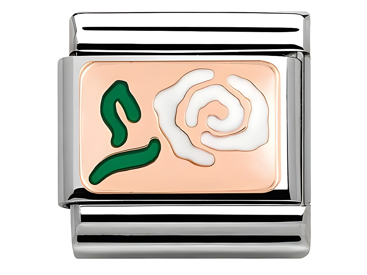 Edelstahl und Roségold Classic Platte von Nomination mit einer Emaille-Dekoration in Form einer weißen Rose und grünen Blättern. Ideal für individuelle Armbänder.