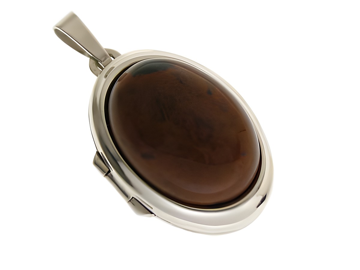 Medaillon mit Mahagoni Obsidian Cabochon in Weißgold 585, gefertigt vom Juwelier Harnisch, elegantes Design mit glatter Oberfläche und harmonischem Farbspiel.