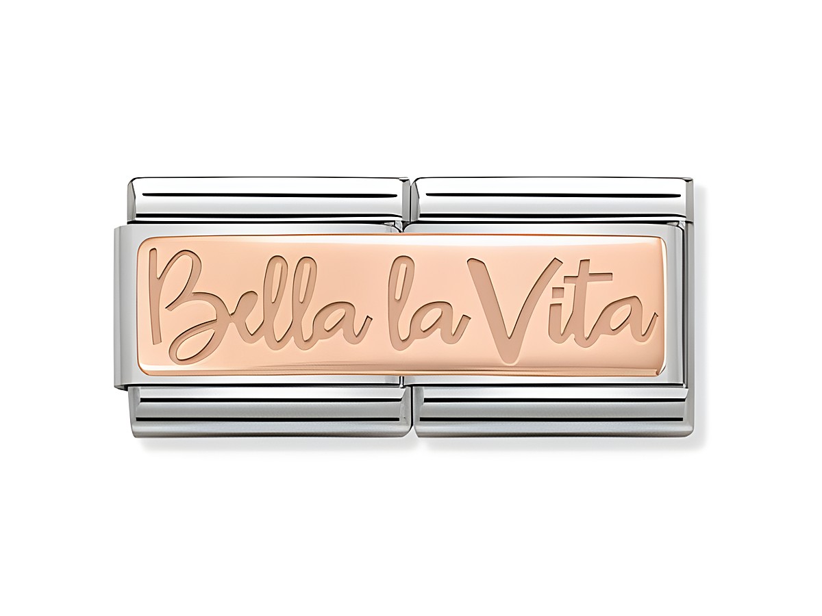 Nomination 430710 02 DOUBLE Classic Bella la Vita Schriftzug in Roségold auf edlem silberfarbenem Hintergrund, geeignet für Nomination Armbänder.