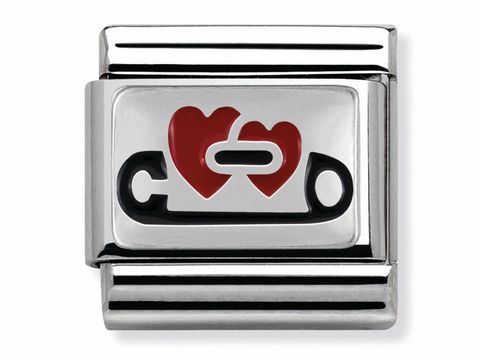 Rot-schwarze Emaillierte Sicherheitsnadel mit Herzmotiv aus Sterling Silber von Nomination C, ideal für individuelle Armbänder und Accessoires.