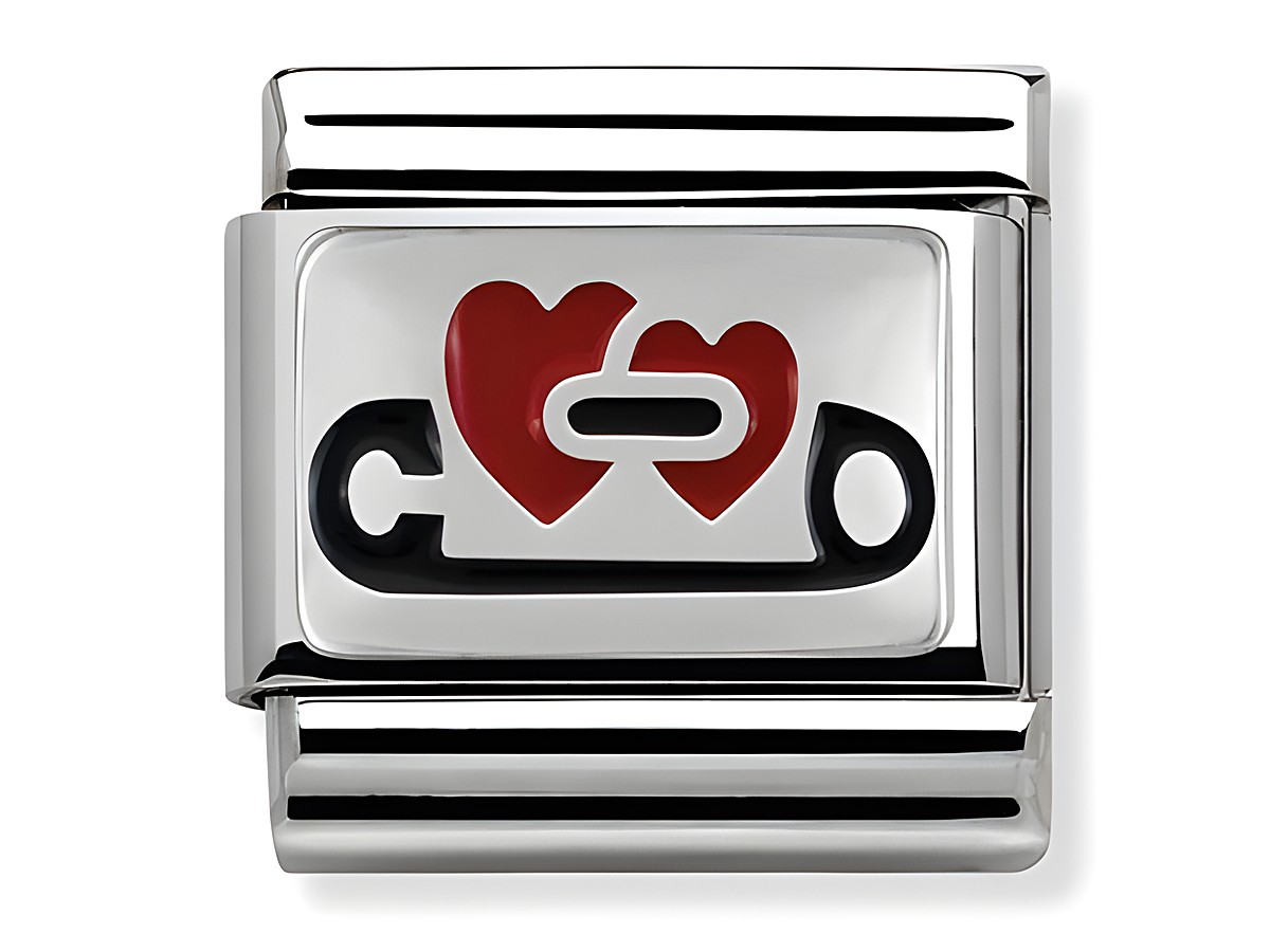 Rot-schwarze Emaillierte Sicherheitsnadel mit Herzmotiv aus Sterling Silber von Nomination C, ideal für individuelle Armbänder und Accessoires.