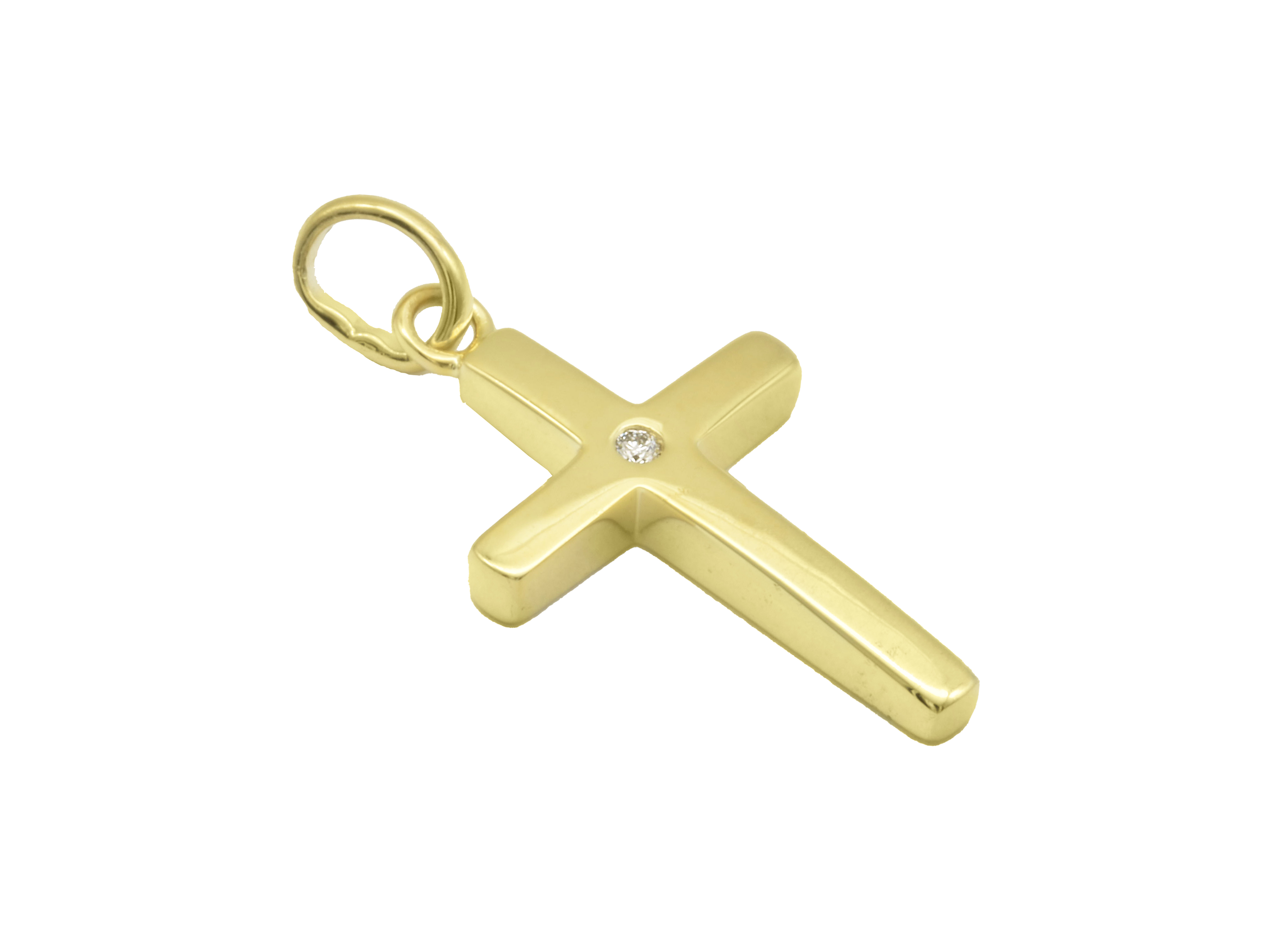 Anhänger Kreuz aus Gelbgold 333 poliert mit einem lab grown Diamanten von 0,01 ct, hergestellt von Juwelier Harnisch, verleiht einen eleganten Glanz und Symbolik.