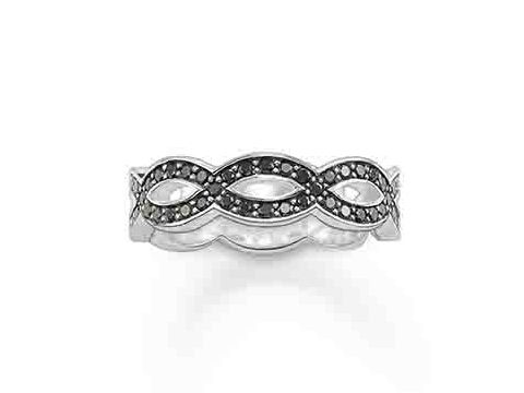 Silberner Ring von Thomas Sabo mit schwarzem Zirkonia, Größe 52, zeigt ein elegantes Design in Form einer Unendlichkeitsschleife.