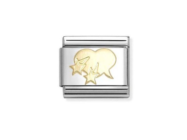 Ein Charm von Nomination mit einem Comic-Herz und zwei Sternen, gefertigt aus Gelbgold und Edelstahl, ideal für stilvolle Armbänder.