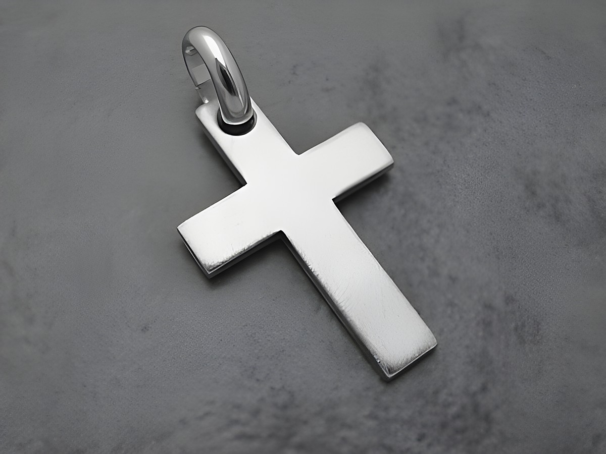 Kreuz Anhänger aus 30 mm Sterling Silber rhodiniert, schlichtes Design, hergestellt von Juwelier Harnisch, ideal für religiöse Anlässe.