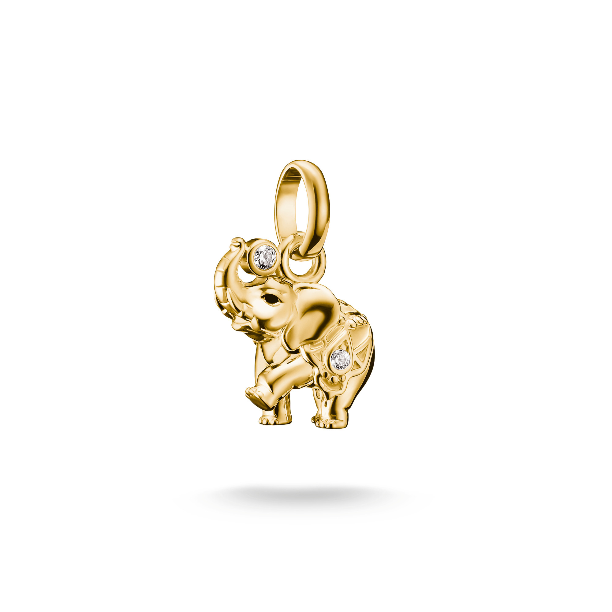 Charm in Form eines Elefanten aus 18k Gelbgold Vergoldung, verziert mit Zirkonia, mit Öse zum Anhängen, von Thomas Sabo, sorgt für eleganten Akzent.
