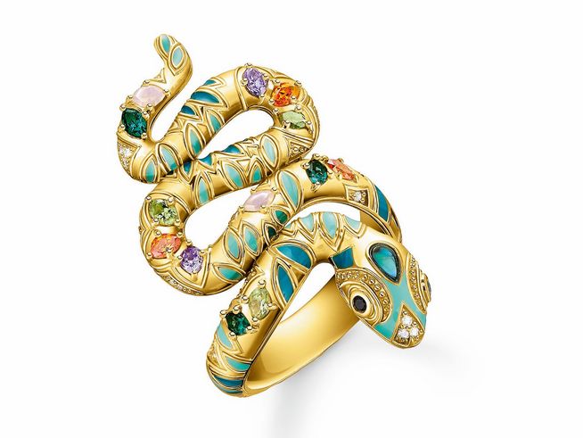 Thomas Sabo Ring in Form einer Schlange aus Sterling Silber, vergoldet, verziert mit bunten Steinen und Lack, Größe 56, Modell TR2338-974-7-56.