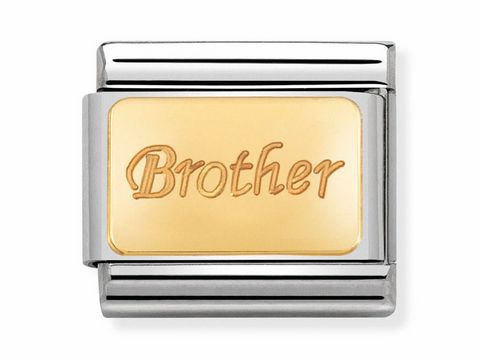 Elegantes Nomination Composable Classic Charm mit goldfarbenem Schriftzug Brother auf einer silbernen Basis, ideal als persönliches Geschenk oder Accessoire.