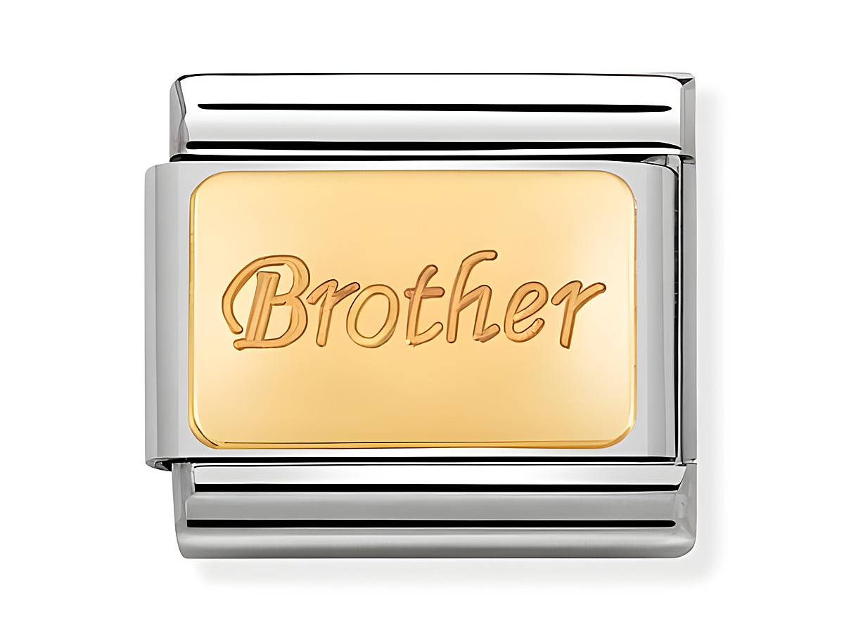Elegantes Nomination Composable Classic Charm mit goldfarbenem Schriftzug Brother auf einer silbernen Basis, ideal als persönliches Geschenk oder Accessoire.