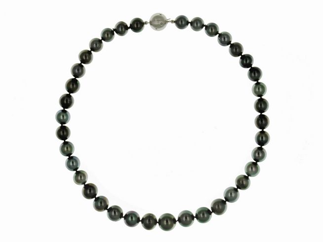 Perlenkette mit Tahiti-Perlen in Grau und Grün, Durchmesser 10,5-13 mm, Länge 45 cm, hergestellt von Juwelier Harnisch, elegantes und bunt schimmerndes Design.