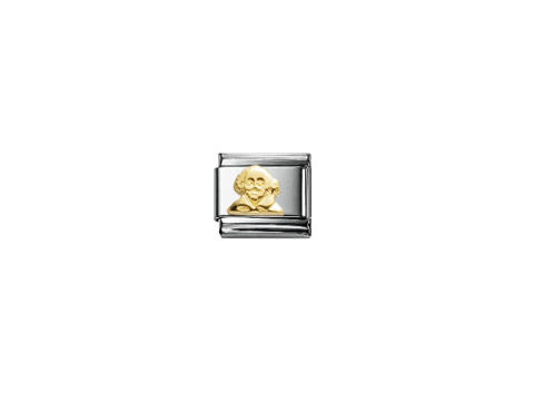 Das Bild zeigt einen silbernen Charm mit einer goldenen Darstellung von Shakespeare, der nach links schaut. Die feinen Details spiegeln klassisches englisches Design wider.
