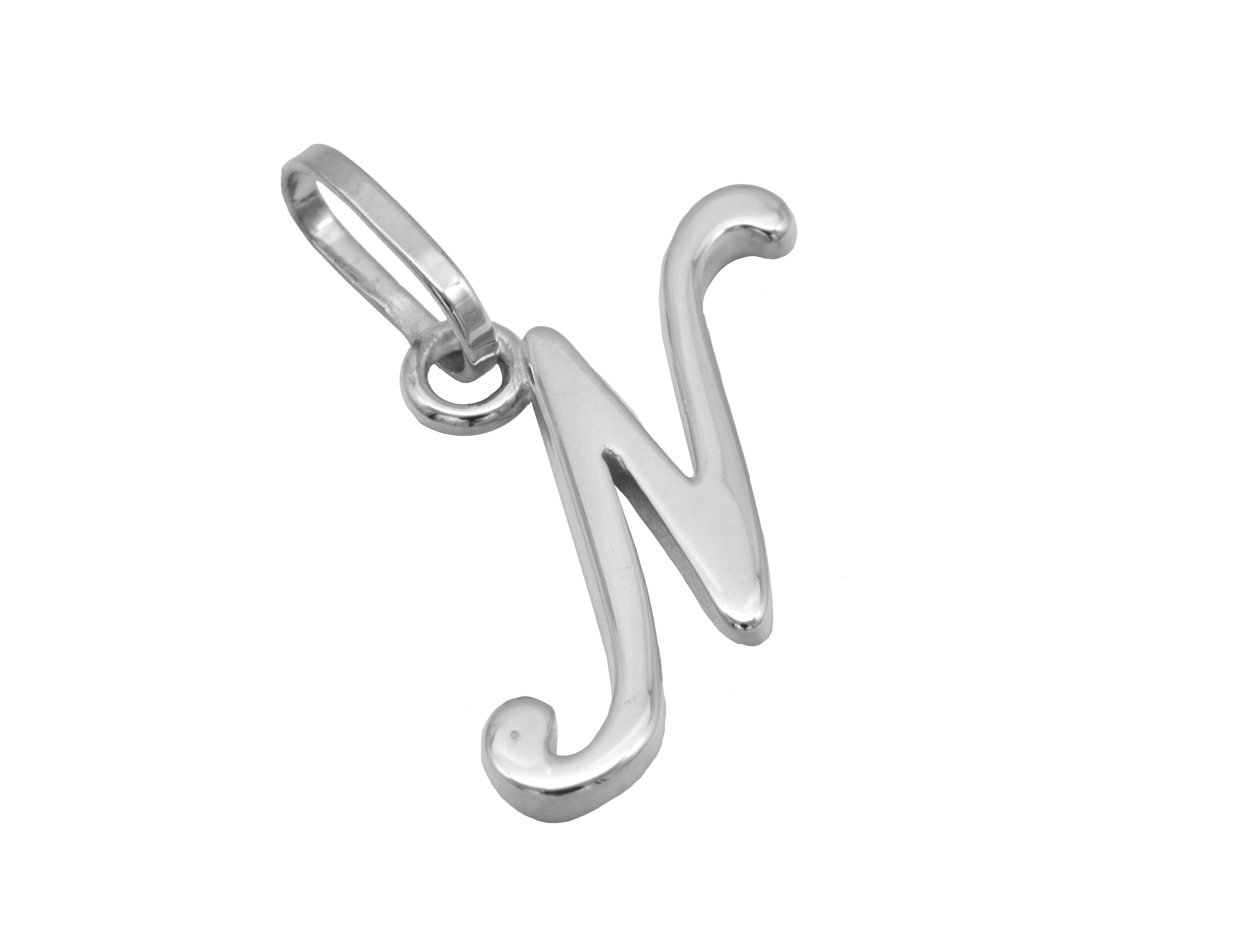 Buchstaben Anhänger Buchstabe N aus rhodiniertem, poliertem Sterling Silber, designed vom Juwelier Harnisch, glänzende Oberfläche, moderne und elegante Form.