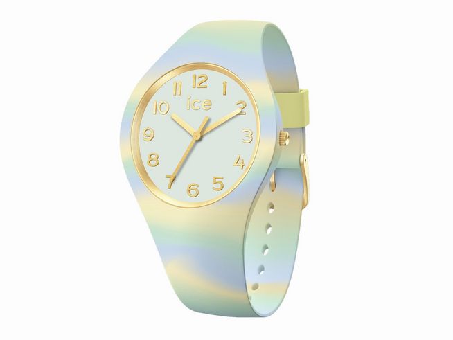 Ice Watch ICE tie and dye Fresh mint in der Größe Small zeigt eine mintfarbene Armbanduhr mit einem sanften Farbverlauf und goldenen Zeigern auf dem Ziffernblatt.