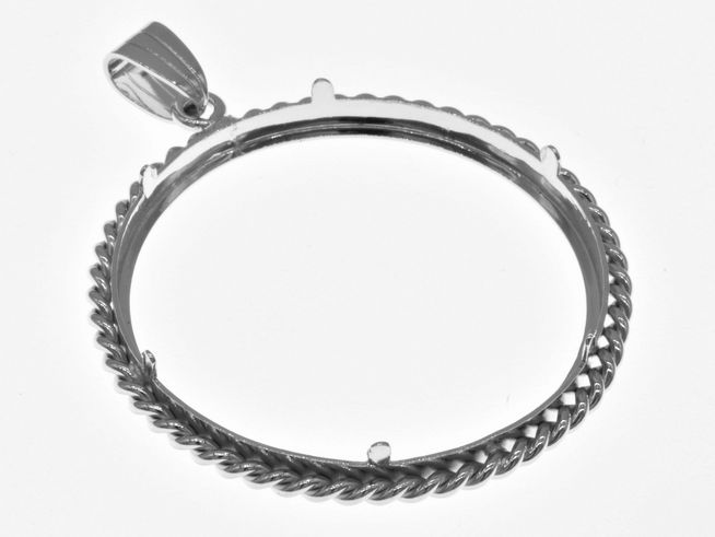 Münzfassung Anhänger aus rhodiniertem 925 Sterling Silber, mit Kordel-Design, geeignet für Münzen bis 37 mm Durchmesser, vom Hersteller Juwelier Harnisch.