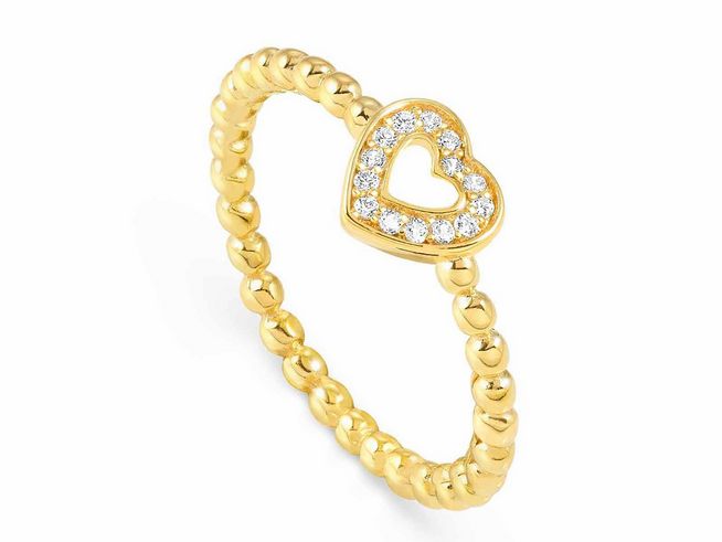 Ring aus Sterling Silber mit Goldauflage in Herzform, verziert mit glitzernden Zirkonia, Teil der LOVECLOUD Kollektion von Nomination, Größe 15.