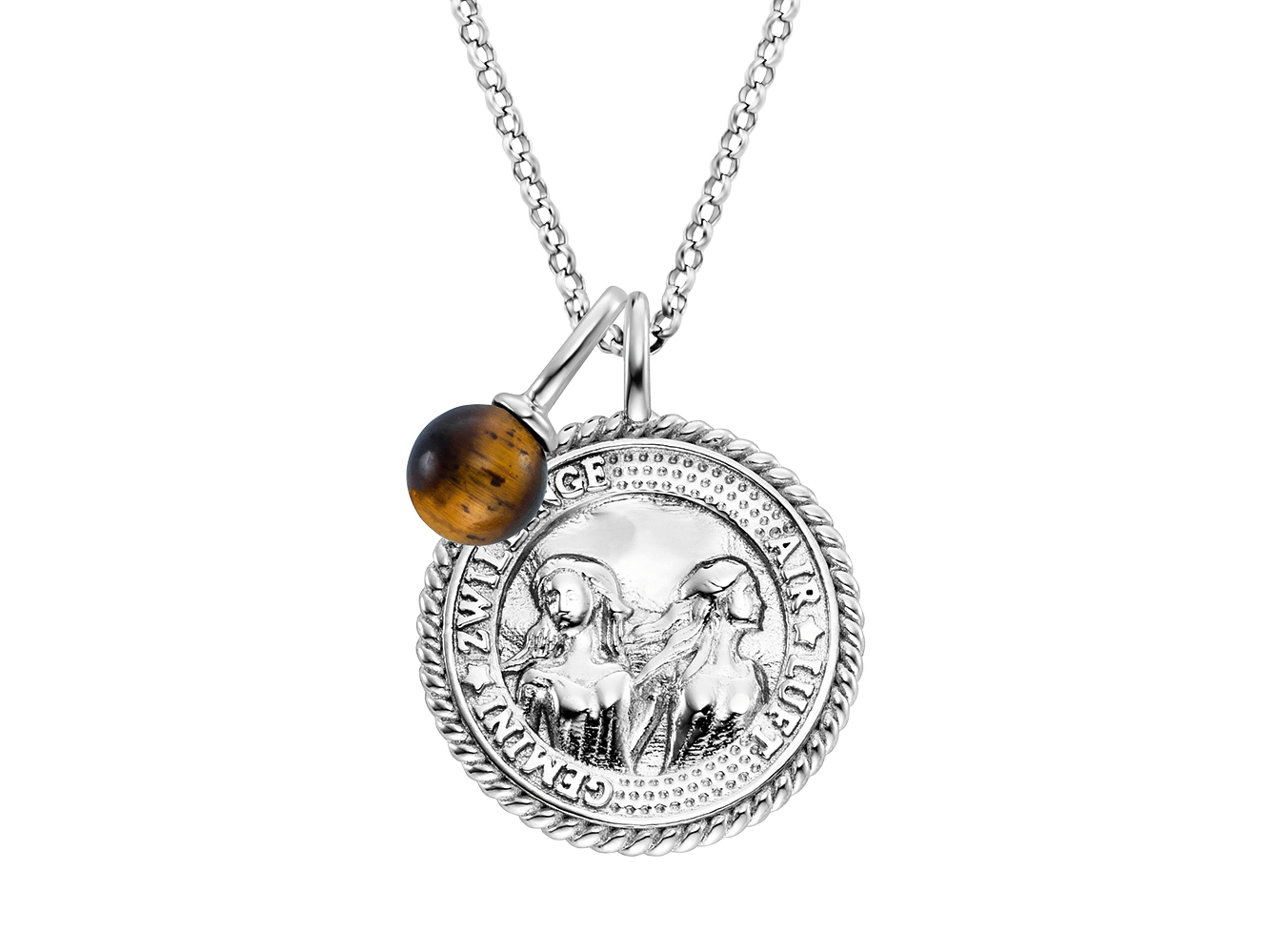 Eine silberne Kette mit einem runden Anhänger, der zwei Figuren zeigt, sowie einem kleinen Kreis aus Tigerauge. Der Anhänger symbolisiert das Sternzeichen Zwillinge.