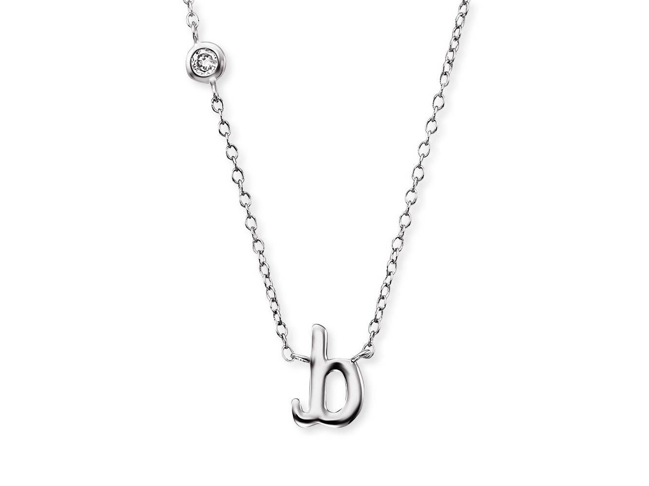 Silberne Kette von Engelsrufer mit rhodiniertem Anhänger in Form des Buchstabens J, verziert mit Zirkonia, Gesamtlänge 40 cm.