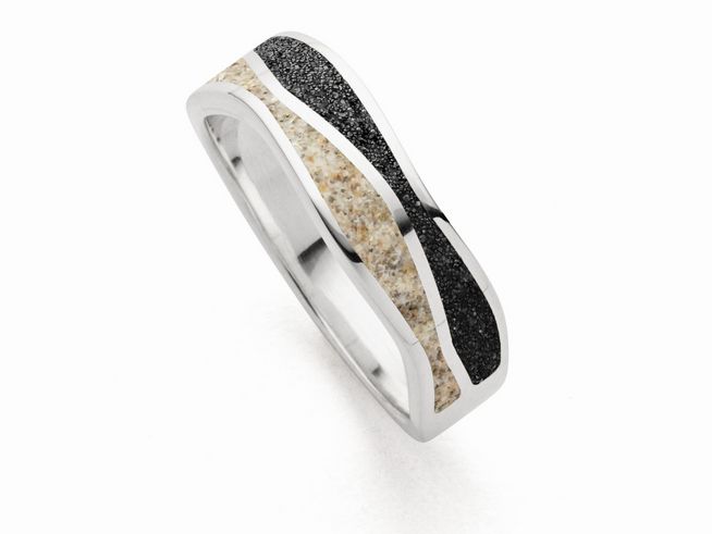 Sterling Silber Ring von DUR mit Wellenmuster, verziert mit Strandsand und Lavasand, Größe 54, elegant und modern gestaltet.