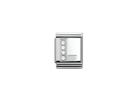 433230112-0 Sterling Silber Charm von Nomination Big mit Zirkonia in Form eines L. Elegant und modern, ideal für personalisierte Schmuckstücke. Größe L, Artikelnummer 332301 12.