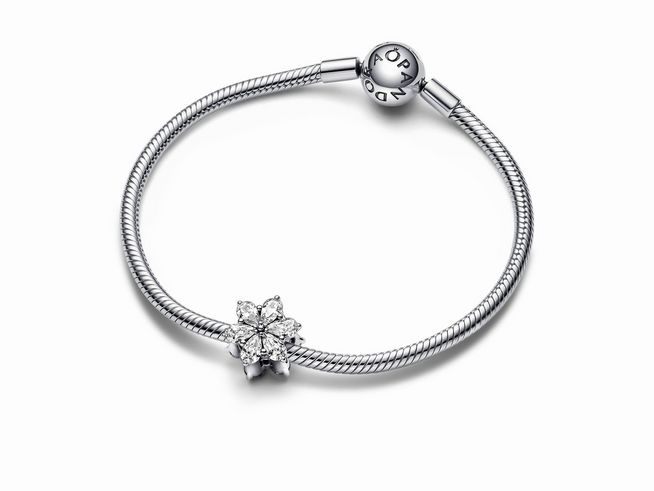 Ein elegantes Armband aus Sterling Silber mit einem funkelnenden Herbarium Cluster Charm, der aus mehreren schimmernden Steinen in Blütenform besteht.