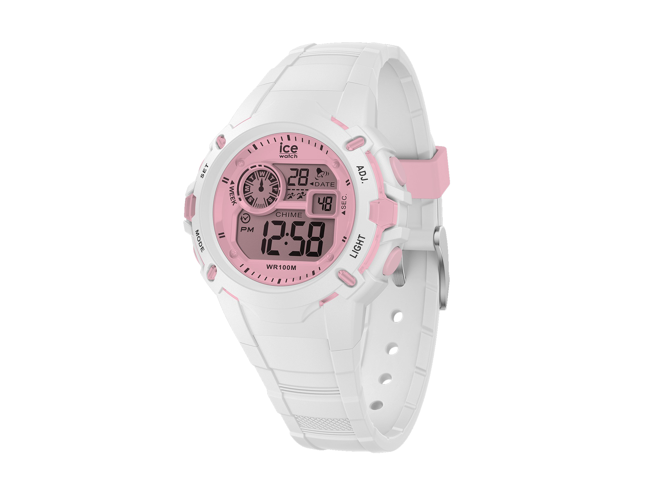 Digitale Uhr Ice Watch 024001 ICE Digit Explorer in Rosa und Weiß mit einem digitalen Display, das die Uhrzeit, das Datum und die Wochentage anzeigt, wasserdicht bis 100 Meter.