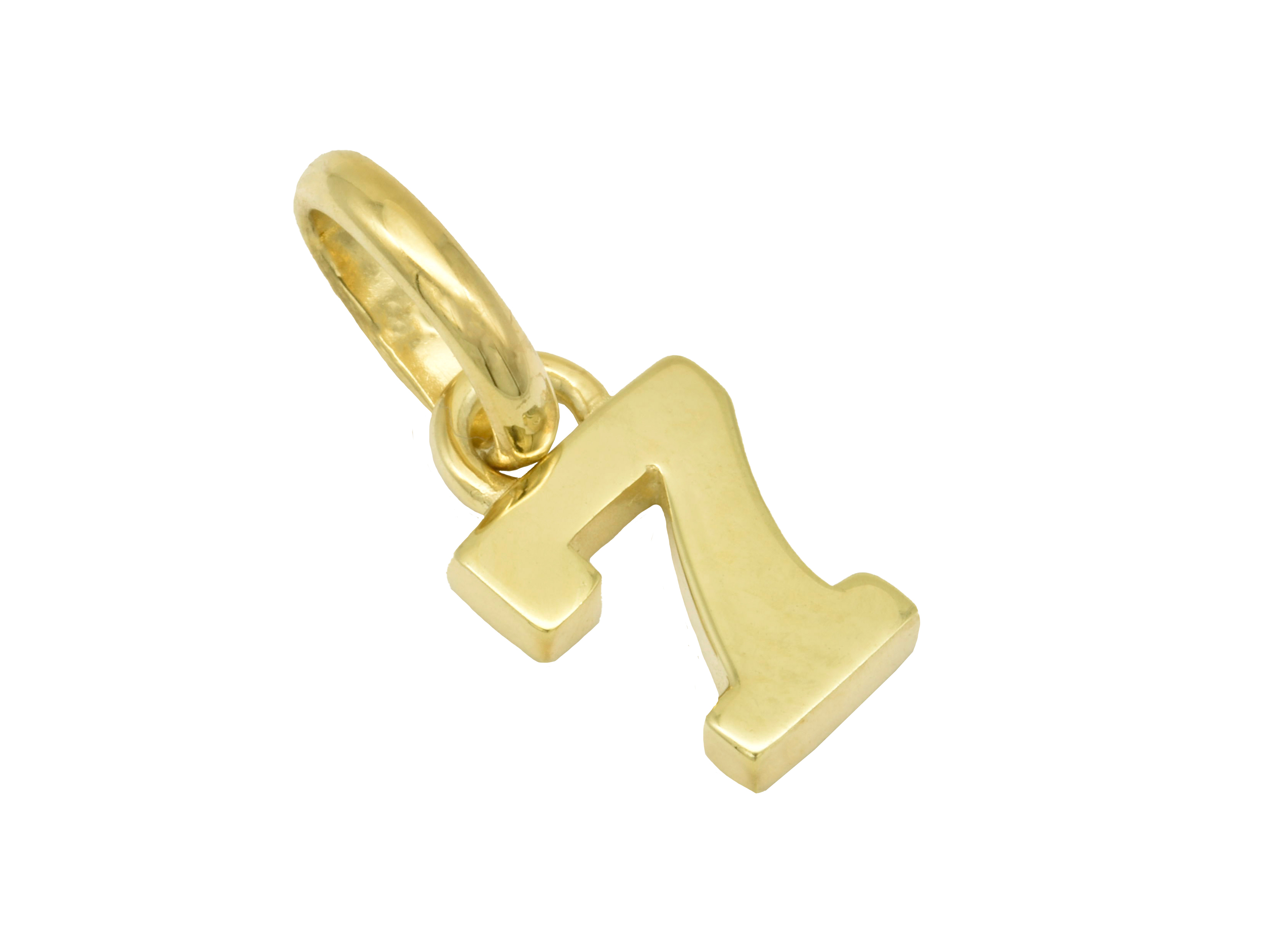 Gold Anhänger mit der Zahl 7 aus poliertem Gelbgold, symbolisiert Glückszahlen und stammt vom Hersteller Juwelier Harnisch. Ideal für individuelle Schmuckstücke.