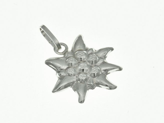 Edelweiß Blumen Anhänger aus rhodiniertem Sterling Silber, blumiges Design, hergestellt von Juwelier Harnisch, ideal für einen eleganten Schmuckstil.