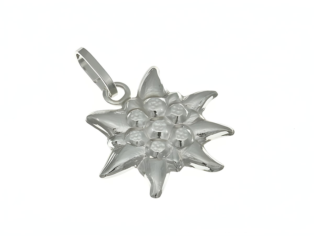 Edelweiß Blumen Anhänger aus rhodiniertem Sterling Silber, blumiges Design, hergestellt von Juwelier Harnisch, ideal für einen eleganten Schmuckstil.