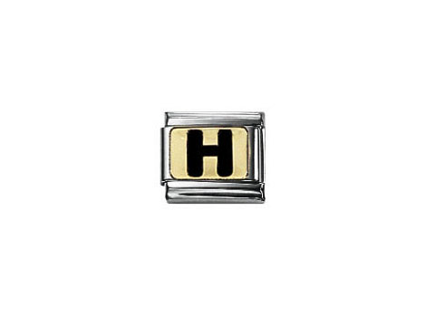 Classic schwarze Buchstabe H von Nomination, schwarzes Emaille auf goldenem Hintergrund, umrandet von einem glänzenden Metallrahmen, für Armreifen und Schmuckdesign geeignet.
